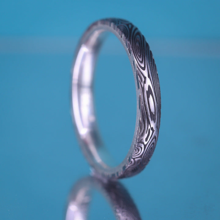 Water Ripples Damascus and Silver Wrap Slim Wedding Ring - The Forge Dam Ring - Made-to-Order
