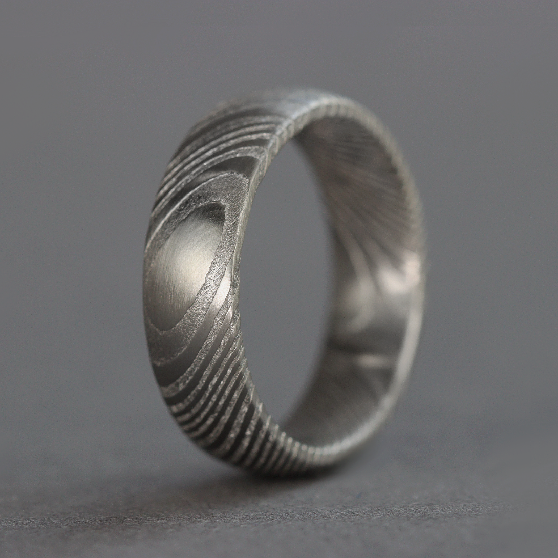 Damascus Stainless Steel Ring Woodgrain Effect - The Wyming Brook