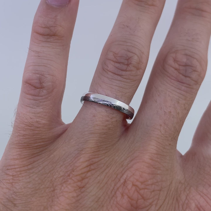 Damascus Steel & Silver Edge Wedding Ring - The Dore & Totley Ring - Made-to-Order Stainless Steel Rings
