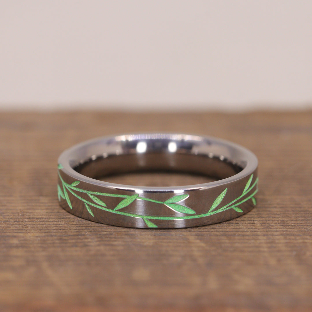 Titanium Floral Vine Patterned Flat Polished Court Unisex 4.0mm Wedding Ring - The Chelsea Park - Made-to-Order