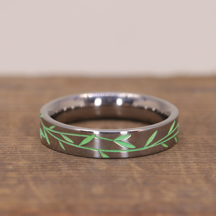 Titanium Floral Vine Patterned Flat Polished Court Unisex 4.0mm Wedding Ring - The Chelsea Park - Made-to-Order