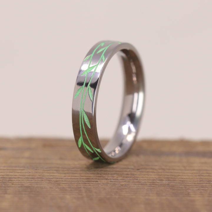 Titanium Floral Vine Patterned Flat Polished Court Unisex 4.0mm Wedding Ring - The Chelsea Park - Made-to-Order