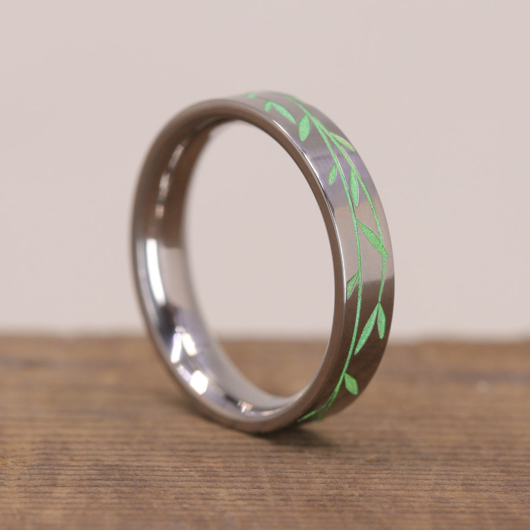 Titanium Floral Vine Patterned Flat Polished Court Unisex 4.0mm Wedding Ring - The Chelsea Park - Made-to-Order