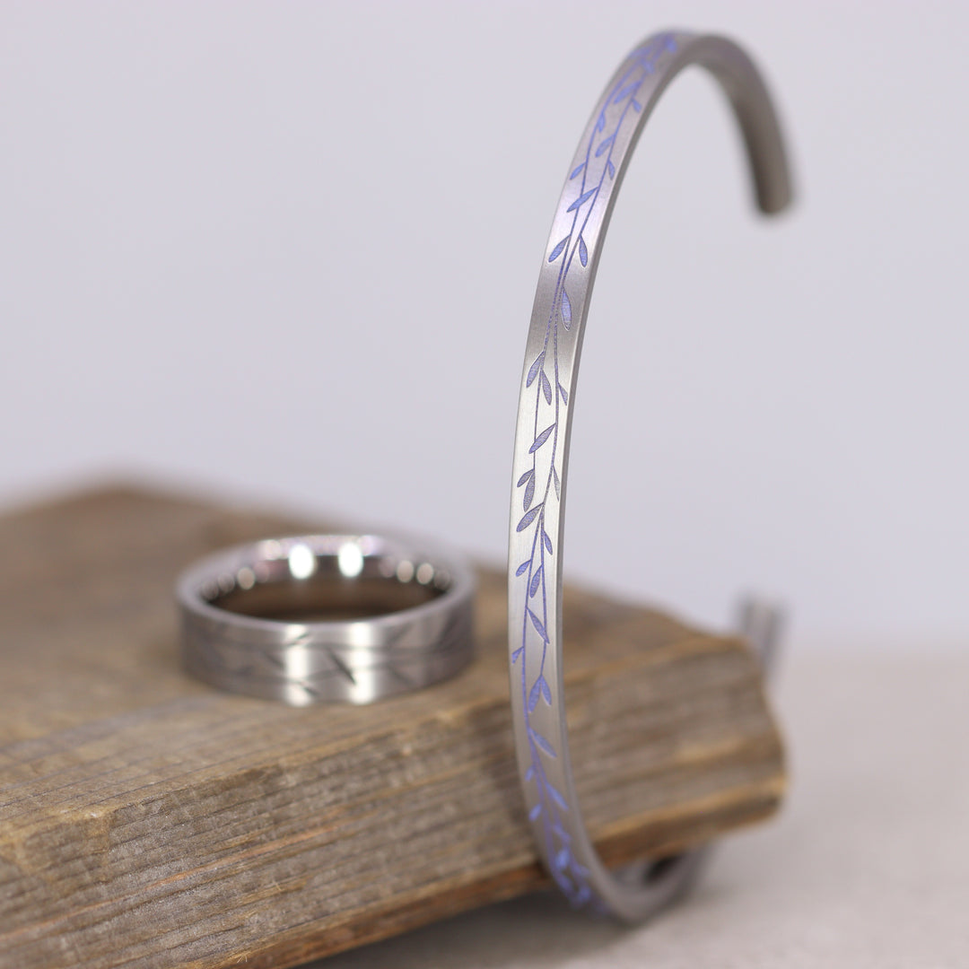 Titanium Floral Vine Patterned Flat Court Unisex Torque Bangle - The Chelsea Park - Made-to-Order Gifts/Merch