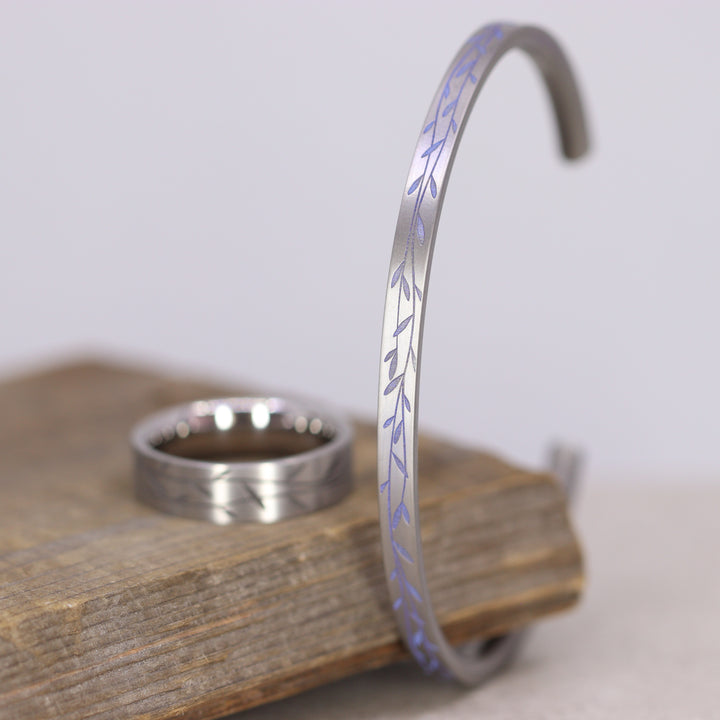 Titanium Floral Vine Patterned Flat Court Unisex Torque Bangle - The Chelsea Park - Made-to-Order Gifts/Merch