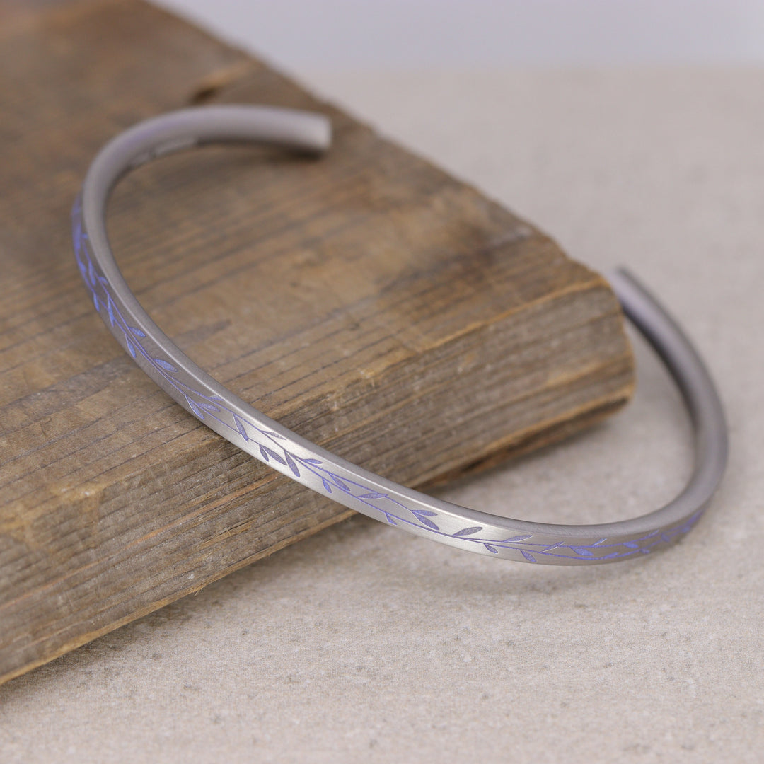 Titanium Floral Vine Patterned Flat Court Unisex Torque Bangle - The Chelsea Park - Made-to-Order Gifts/Merch