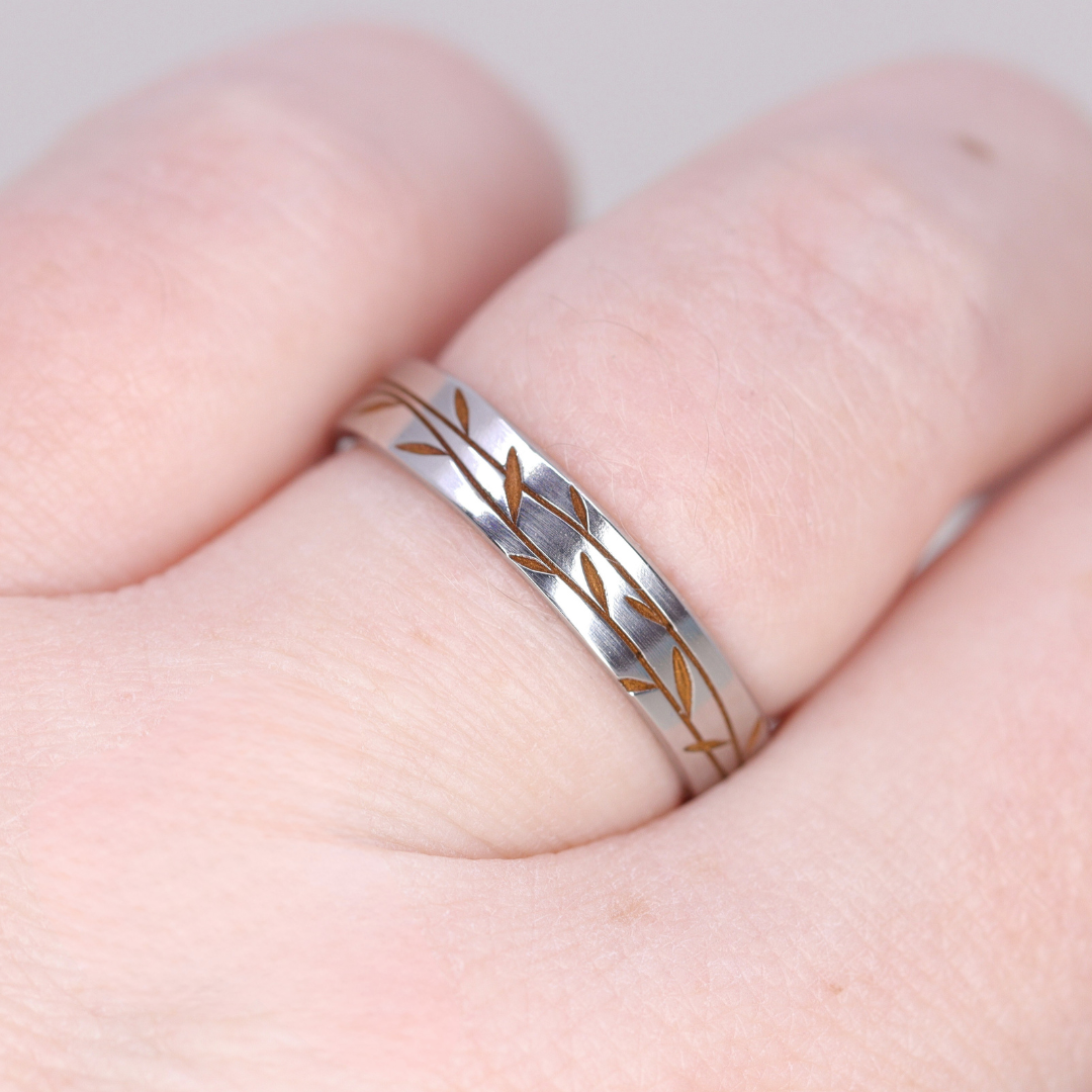 Titanium Floral Vine Patterned Flat Polished Court Unisex Wedding Ring - The Chelsea Park - Made-to-Order Titanium Rings
