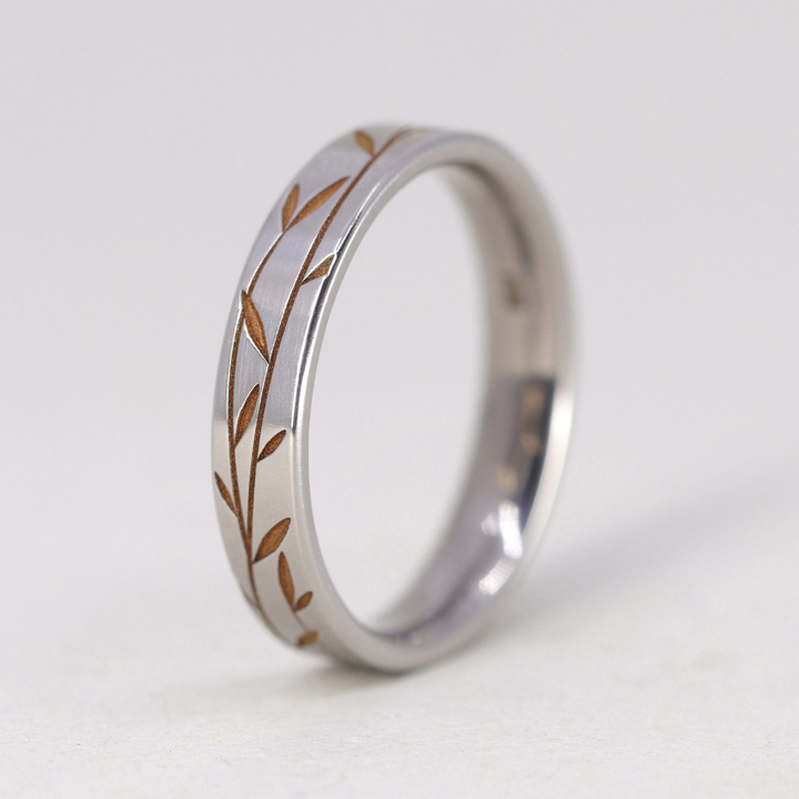 Titanium Floral Vine Patterned Flat Polished Court Unisex Wedding Ring - The Chelsea Park - Made-to-Order Titanium Rings