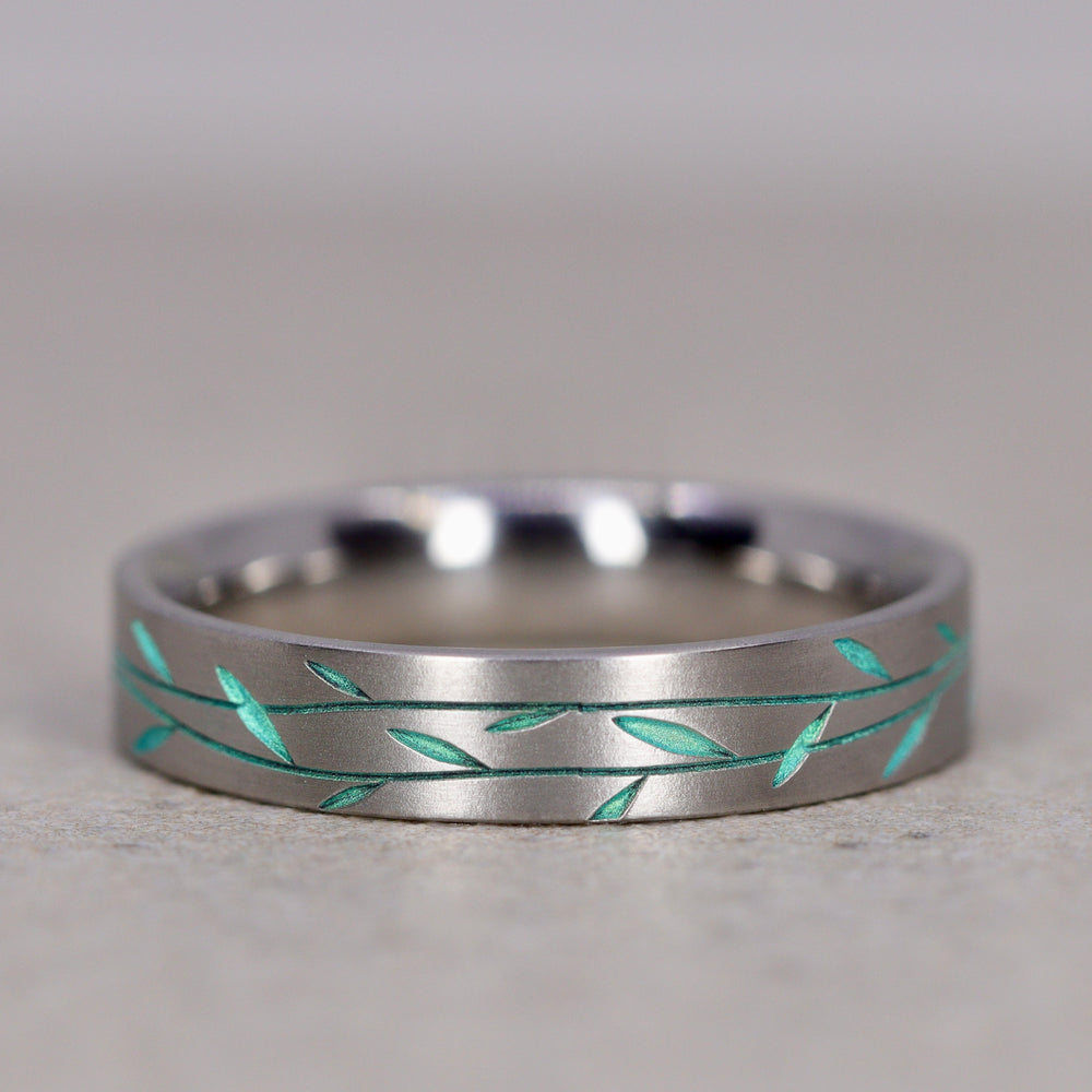 Titanium Floral Vine Patterned Flat Court Wedding Ring - The Chelsea Park - Made-to-Order Titanium Rings