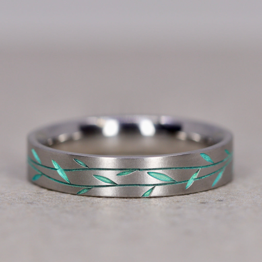 Titanium Floral Vine Patterned Flat Court Wedding Ring - The Chelsea Park - Made-to-Order Titanium Rings
