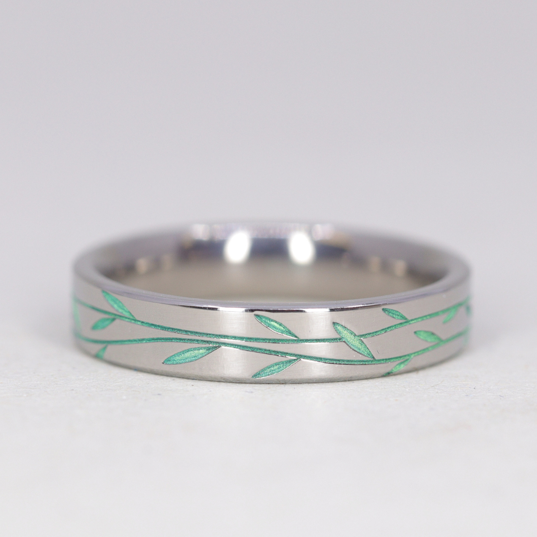 Titanium Floral Vine Patterned Flat Polished Court Unisex Wedding Ring - The Chelsea Park - Made-to-Order Titanium Rings