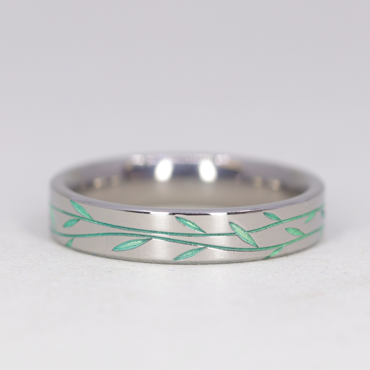 Titanium Floral Vine Patterned Flat Polished Court Unisex Wedding Ring - The Chelsea Park - Made-to-Order Titanium Rings