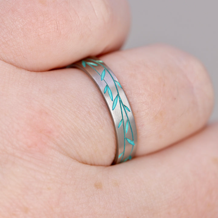 Titanium Floral Vine Patterned Flat Court Wedding Ring - The Chelsea Park - Made-to-Order Titanium Rings