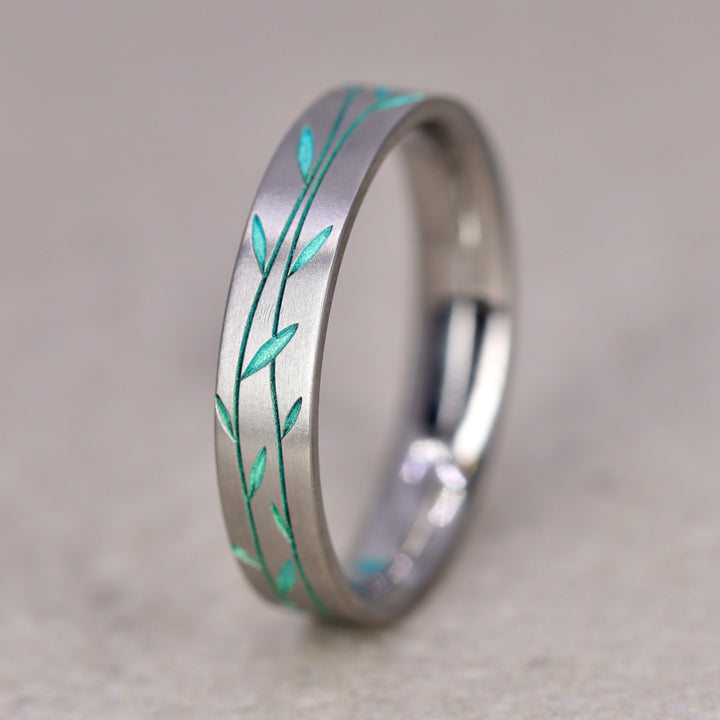 Titanium Floral Vine Patterned Flat Court Wedding Ring - The Chelsea Park - Made-to-Order Titanium Rings
