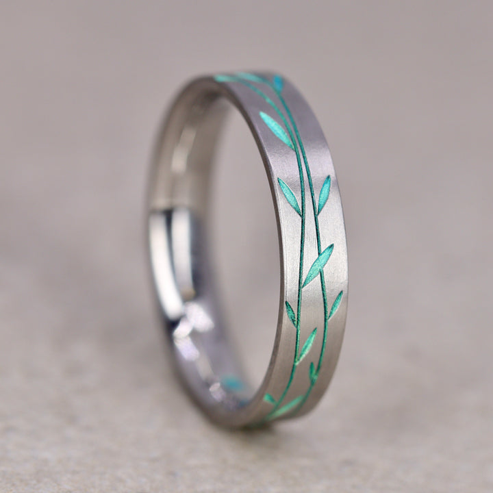 Titanium Floral Vine Patterned Flat Court Wedding Ring - The Chelsea Park - Made-to-Order Titanium Rings