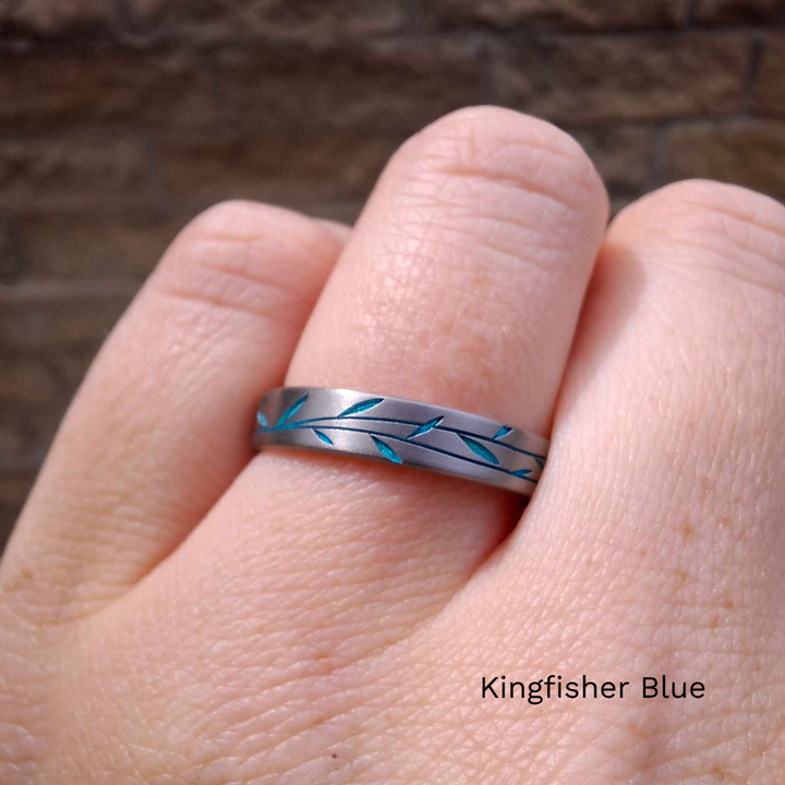 Titanium Floral Vine Patterned Flat Brushed Court Unisex Wedding Ring - The Chelsea Park - Made-to-Order Titanium Rings