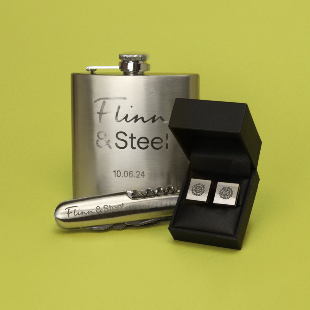 Reyt Good Gifts | Ultimate Flinn & Steel Gift Bundle - Stainless Steel Multi-Tool Knife, 6oz Hipflask & Your Choice of Cufflinks Gifts/Merch