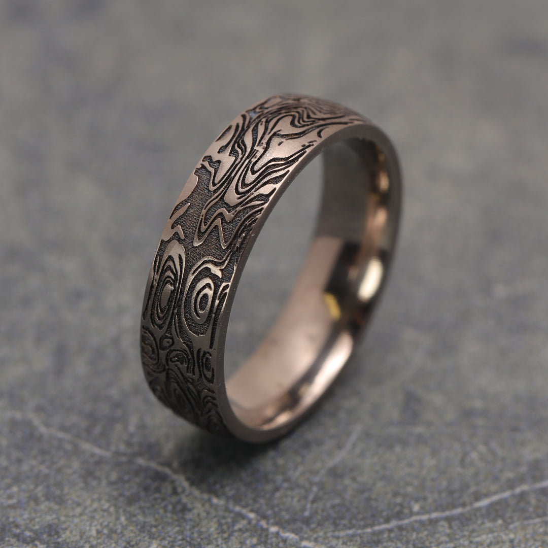 Titanium Engraved Woodgrain Pattern Court Fit Men's Wedding Ring - The Hollow Meadows - Made-to-Order Titanium Rings