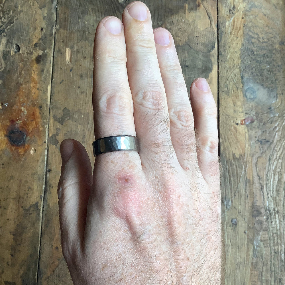 Hammered Bevelled Edge Wide Titanium 8mm Wedding Ring - The Stanage Edge Ring - Made-to-Order Titanium Rings