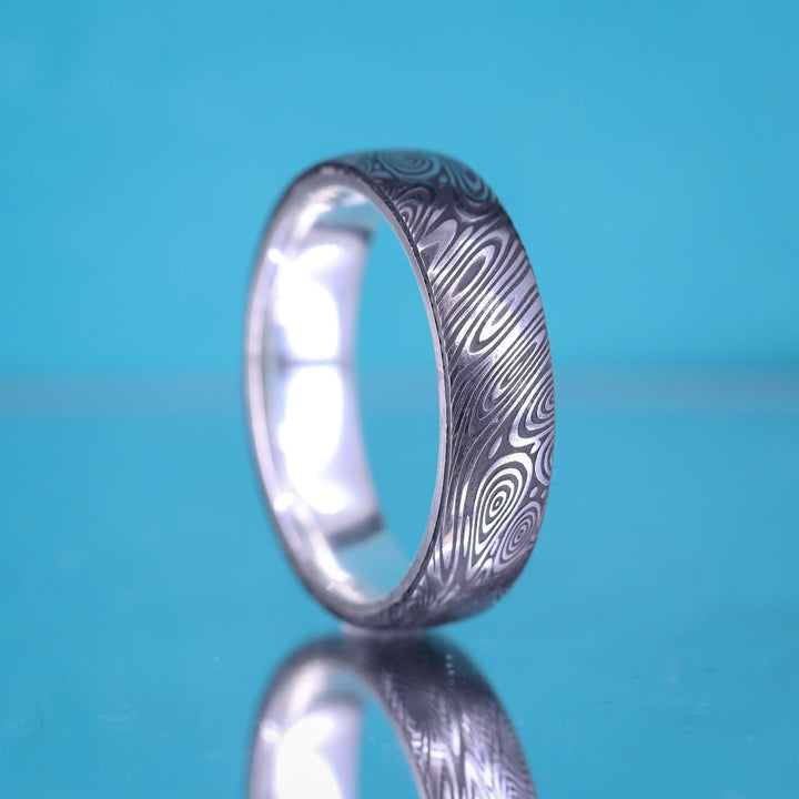 Water Ripples Damascus and Silver Wrap Slim Wedding Ring - The Forge Dam Ring - Made-to-Order