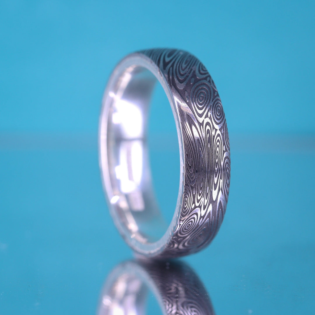 Water Ripples Damascus and Silver Wrap Slim Wedding Ring - The Forge Dam Ring - Made-to-Order