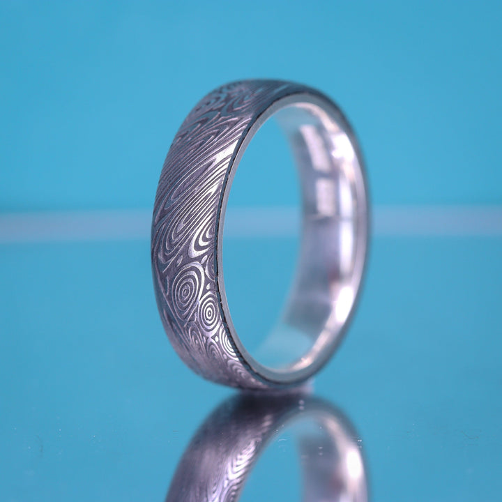 Water Ripples Damascus and Silver Wrap Slim Wedding Ring - The Forge Dam Ring - Made-to-Order