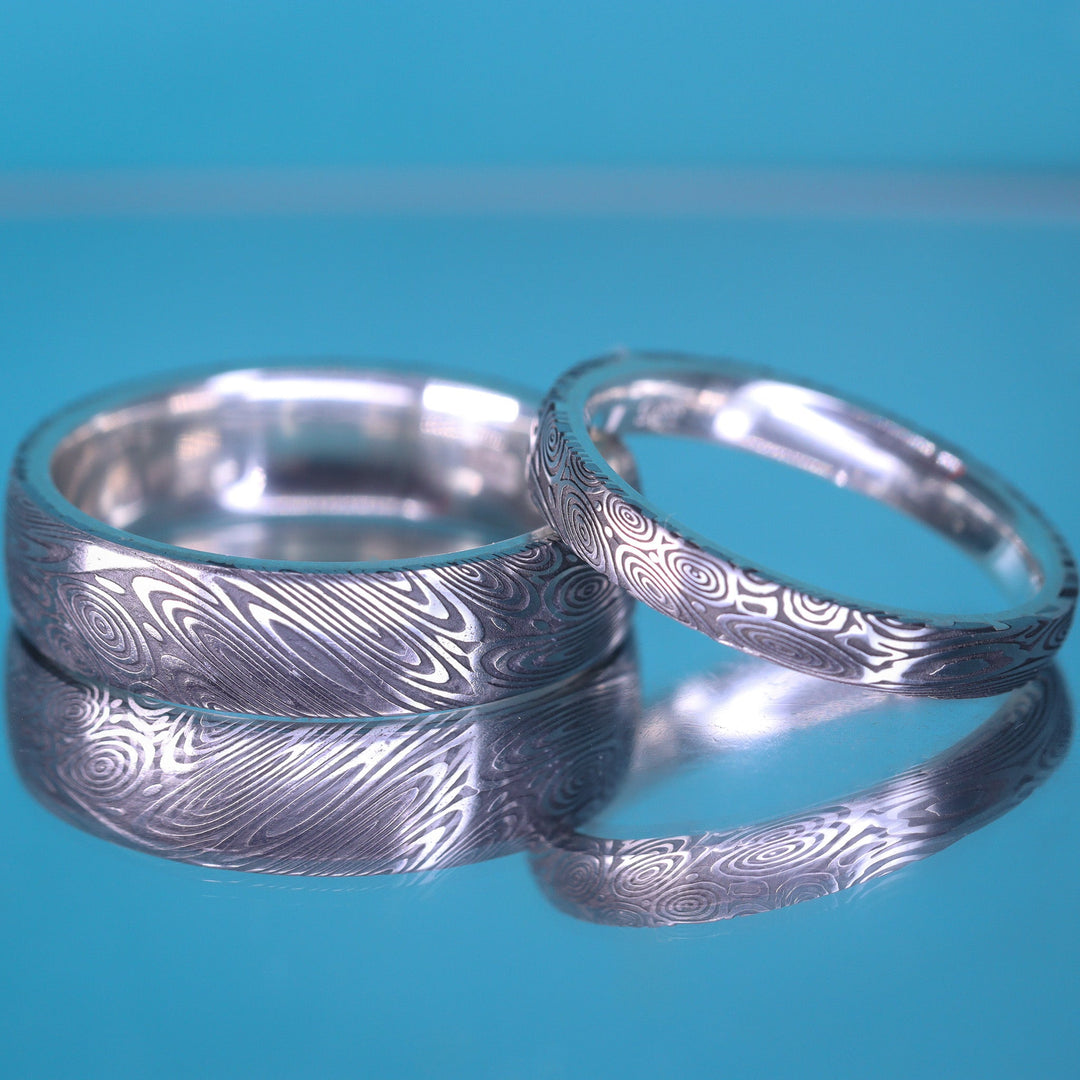 Water Ripples Damascus and Silver Wrap Slim Wedding Ring - The Forge Dam Ring - Made-to-Order