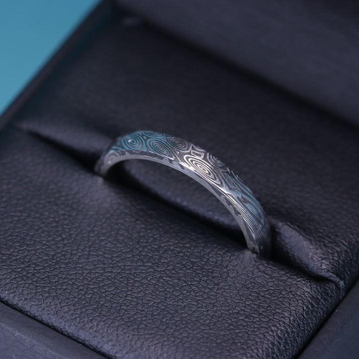 Water Ripples Damascus and Silver Wrap Slim Wedding Ring - The Forge Dam Ring - Made-to-Order