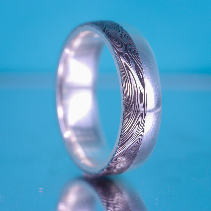 Water Ripples Damascus and Silver Edge Slim Wedding Ring - The Bamford Edge Ring - Made-to-Order
