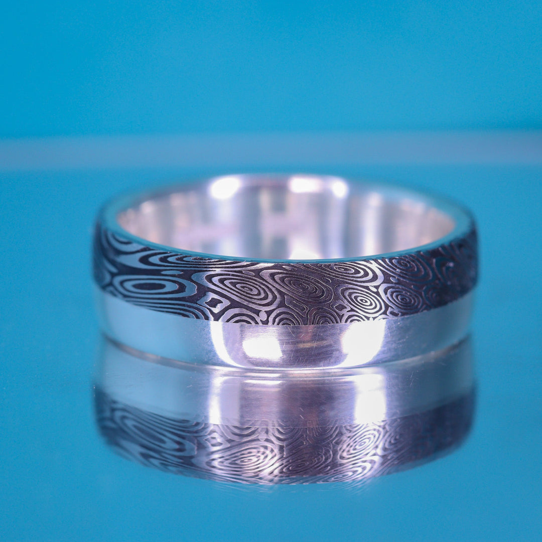 Water Ripples Damascus and Silver Edge Slim Wedding Ring - The Bamford Edge Ring - Made-to-Order