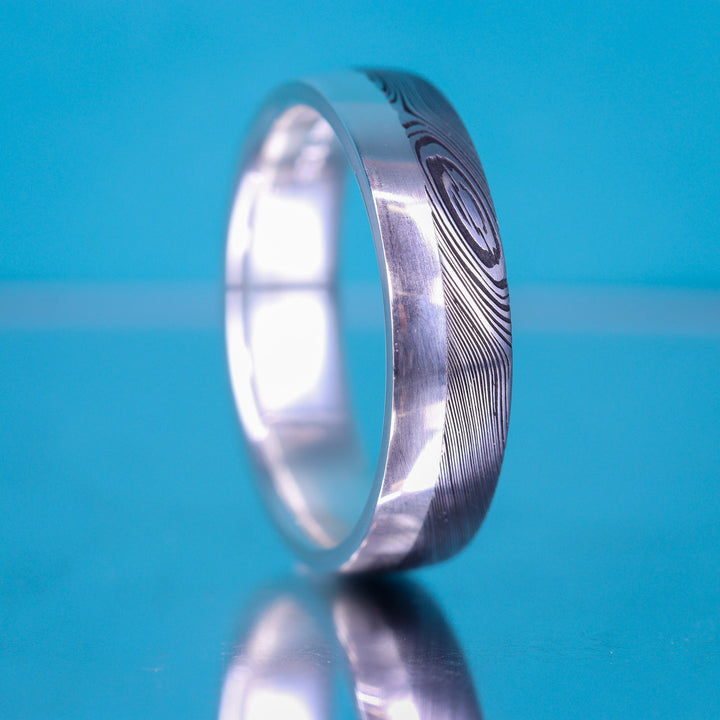 Woodgrain Damascus and Silver Edge Wedding Ring - The Dore & Totley Ring - Made-to-Order