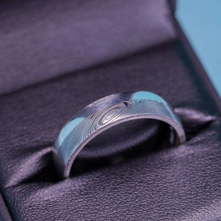 Woodgrain Damascus and Silver Edge Slim Wedding Ring - The Dore & Totley Ring - Made-to-Order