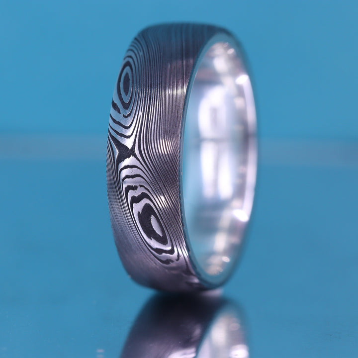 Woodgrain Damascus and Silver Wrap Wedding Ring - The Whirlow Brook Ring - Made-to-Order