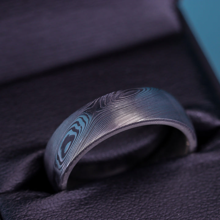 Woodgrain Damascus and Silver Wrap Wedding Ring - The Whirlow Brook Ring - Made-to-Order