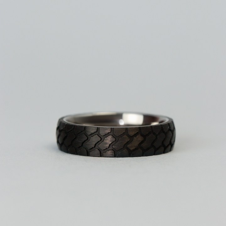 Titanium and Carbon Fibre Tyre Effect Wedding Ring - The Marshal Titanium Rings