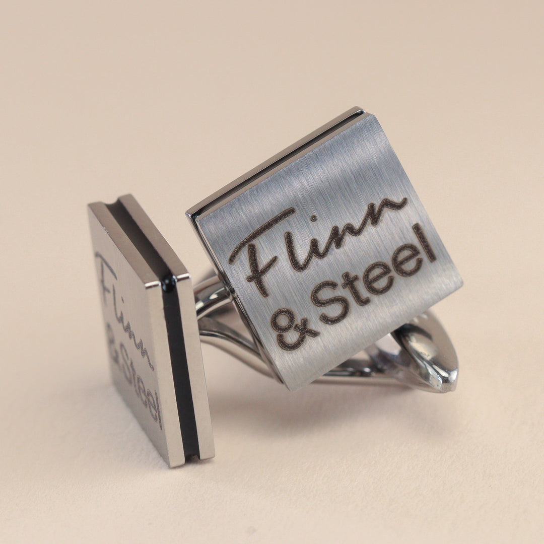 Personalised Stainless Steel Brushed Cufflinks with Black Inlay Cufflinks