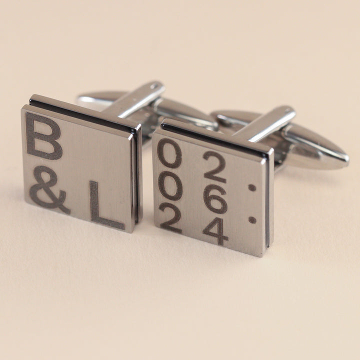 Personalised Stainless Steel Brushed Cufflinks with Black Inlay Cufflinks