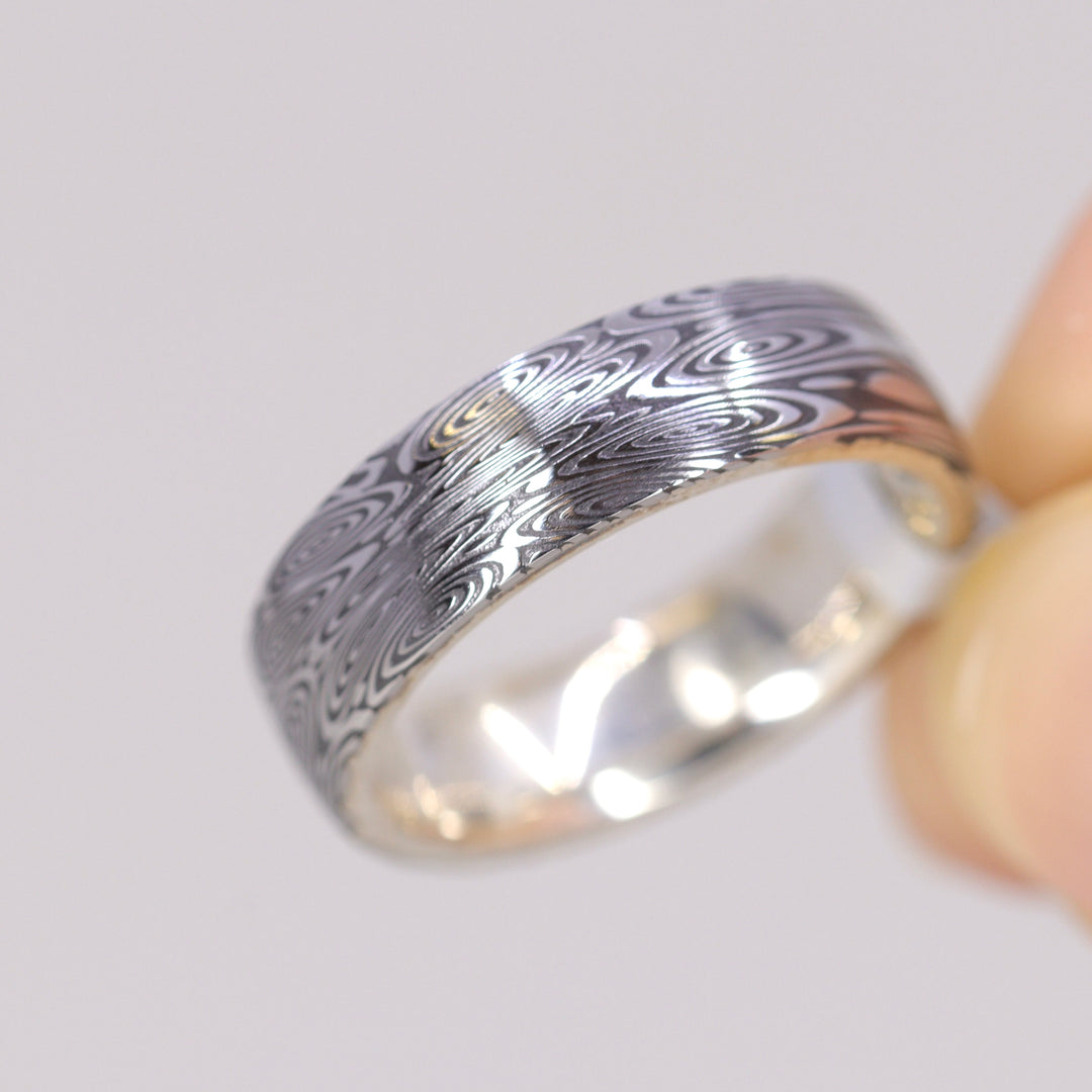 Sample Sale - Damascus Steel and Silver Wedding Ring - The Forge Dam