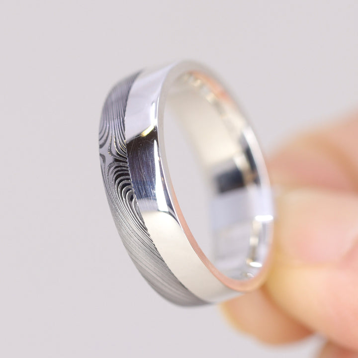 Sample Sale - Damascus Steel and Silver Edge Wedding Ring - The Dore & Totley