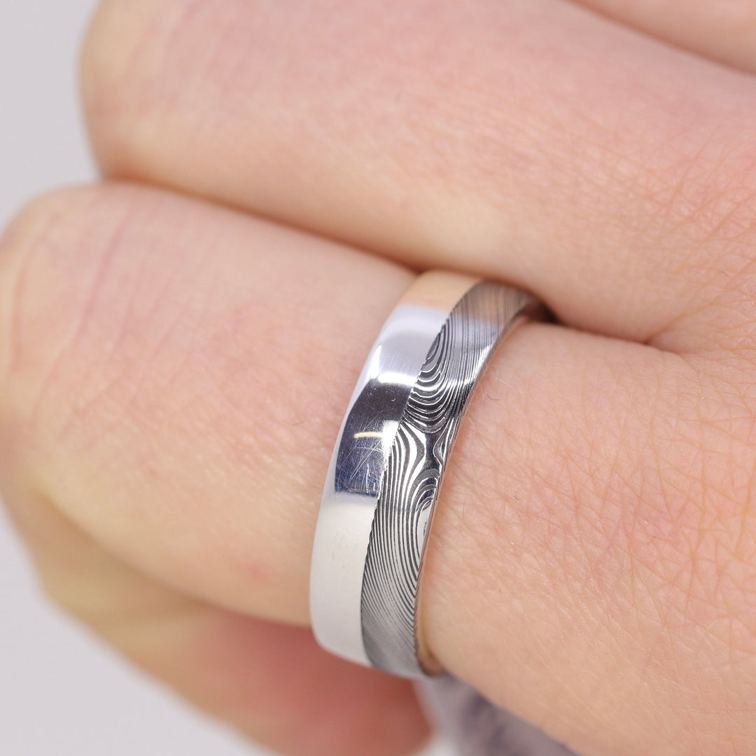 Sample Sale - Damascus Steel and Silver Edge Wedding Ring - The Dore & Totley