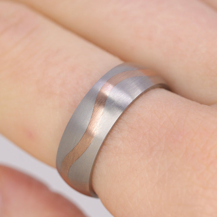 Sample Sale - Titanium and 9ct Rose Gold Wave Inlay Men's Wedding Ring - The Loxley Titanium Rings