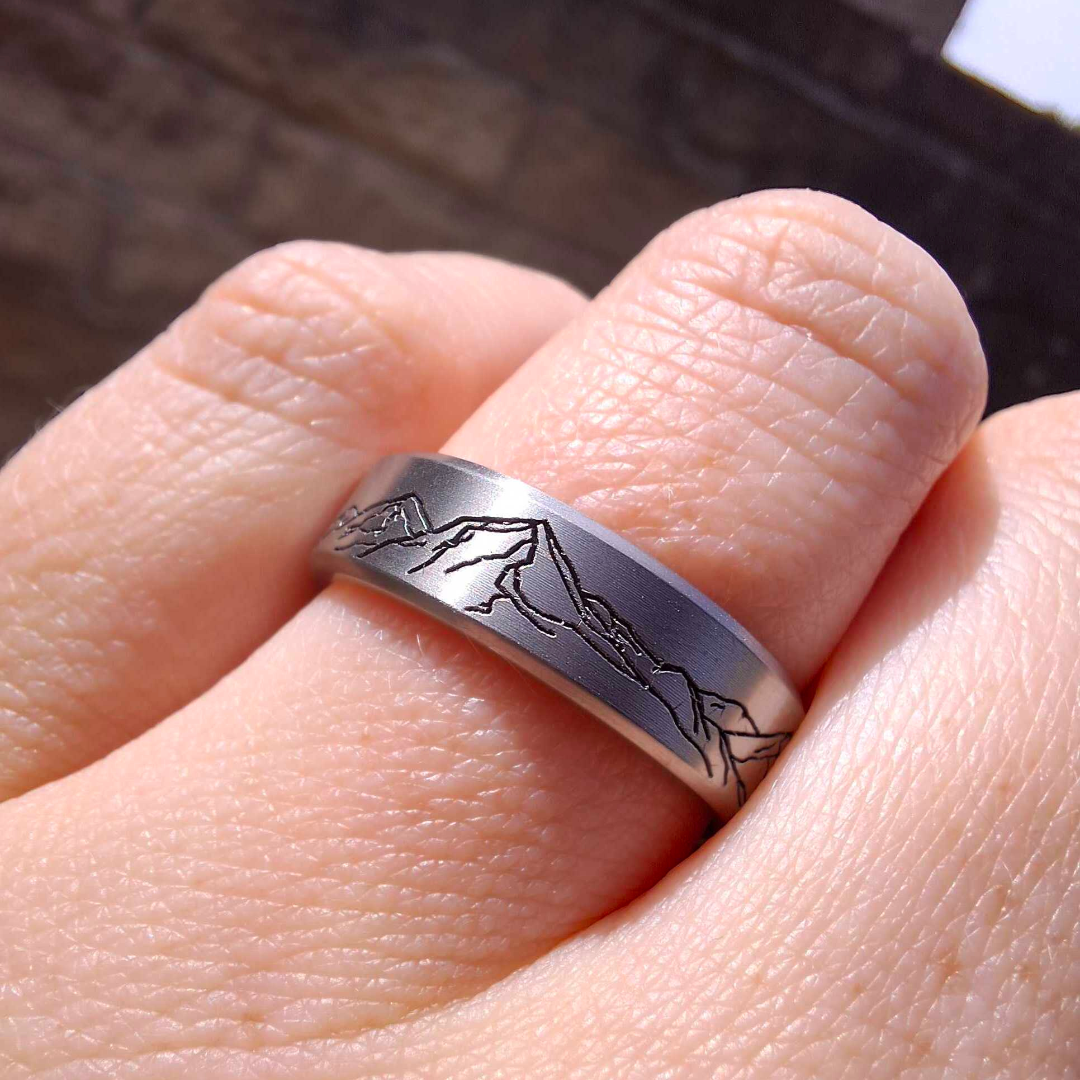 Titanium Patterned Mountain Range Engraving Bevelled Edge Men's Wedding Ring - The Kinder Scout - Made to Order Titanium Rings