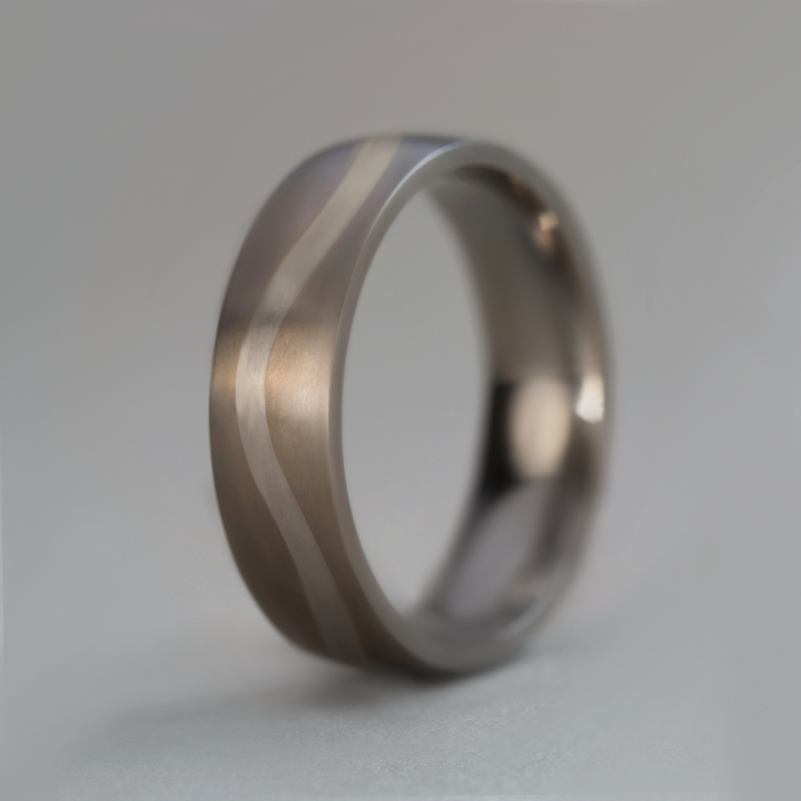 Rose or Yellow Gold Wave Inlay Titanium Wedding Ring - The Loxley - Made-to-Order Titanium Rings