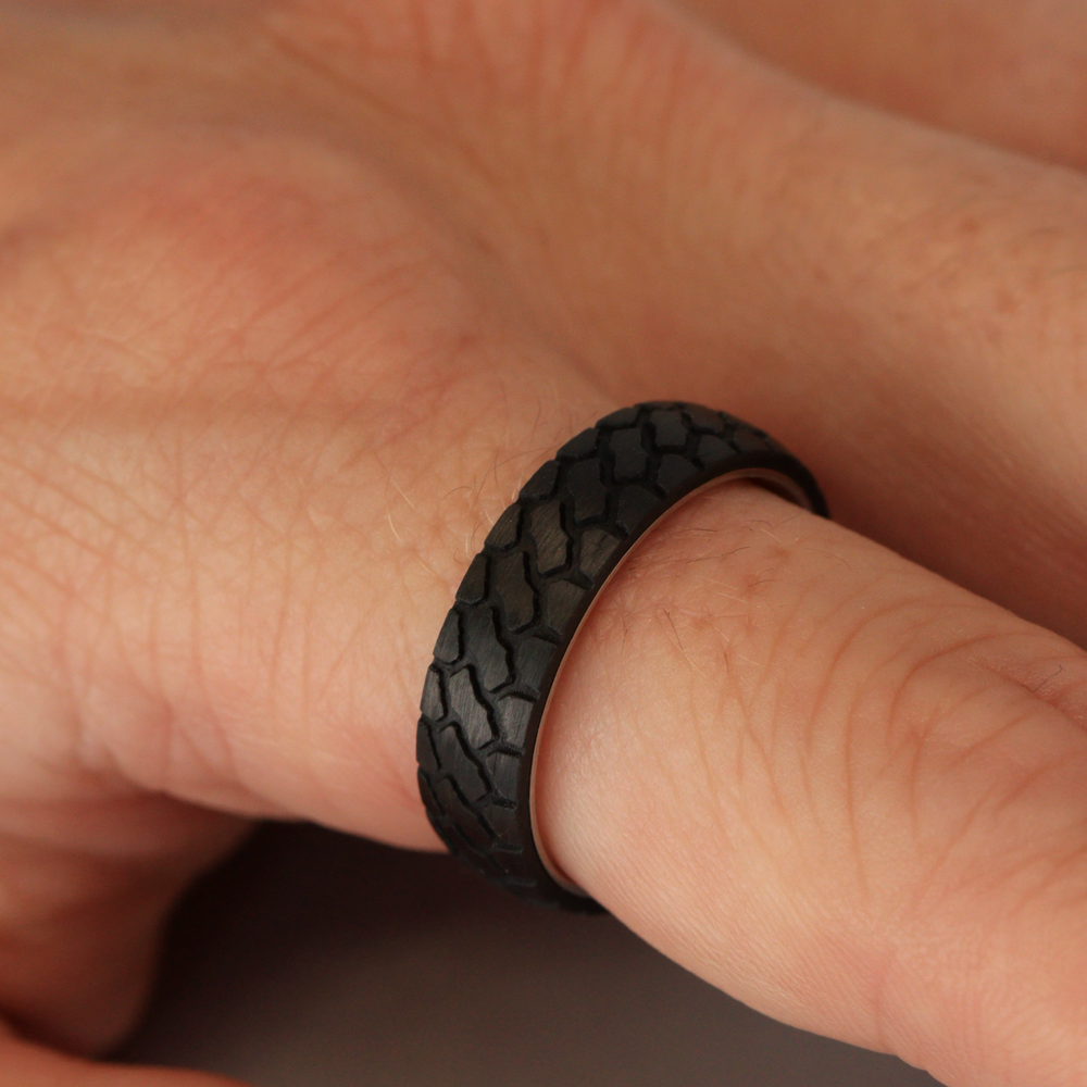 Titanium and Carbon Fibre Tyre Effect Wedding Ring - The Marshal Titanium Rings