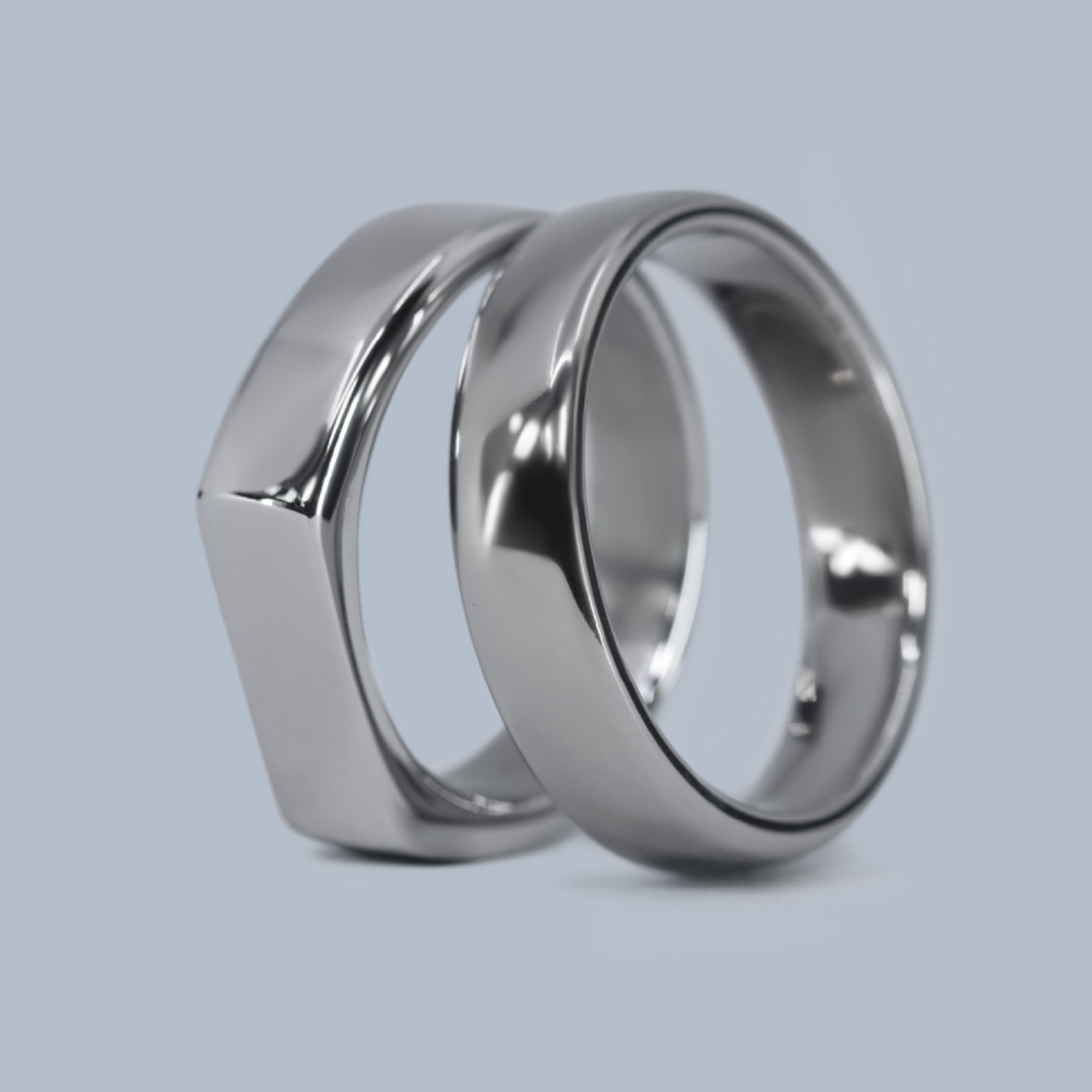 Wedding Ring Set - Abbeydale & Redmires - Polished Stainless Steel Signet and Titanium Court Ring Wedding Ring Sets