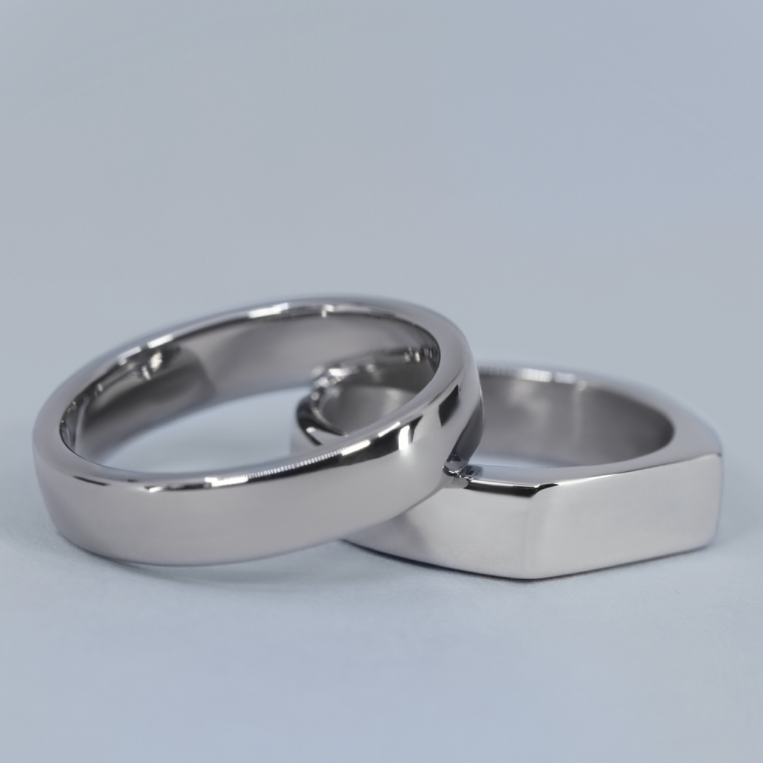 Wedding Ring Set - Abbeydale & Redmires - Polished Stainless Steel Signet and Titanium Court Ring Wedding Ring Sets