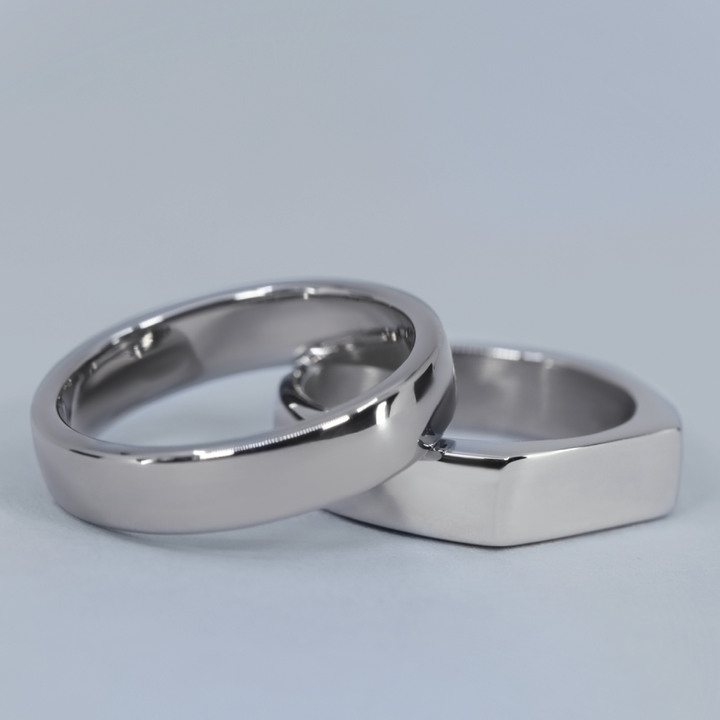 Wedding Ring Set - Abbeydale & Redmires - Polished Stainless Steel Signet and Titanium Court Ring Wedding Ring Sets