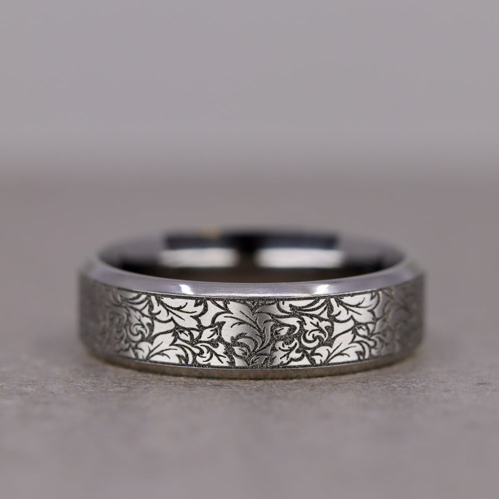 Titanium Floral Pattern Bevelled Edge Wedding Ring - The Wentworth Gardens - Made-to-Order Titanium Rings