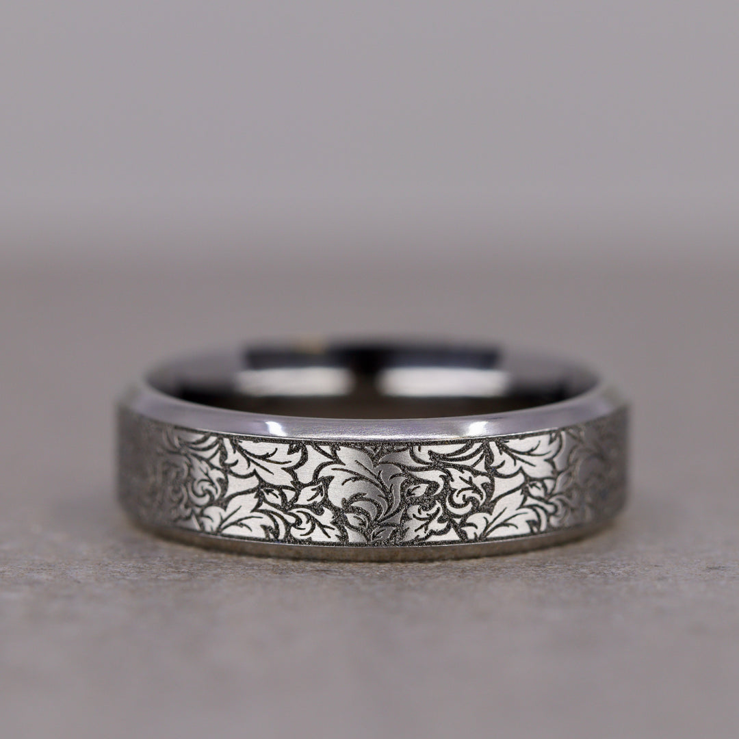Titanium Floral Pattern Bevelled Edge Wedding Ring - The Wentworth Gardens - Made-to-Order Titanium Rings