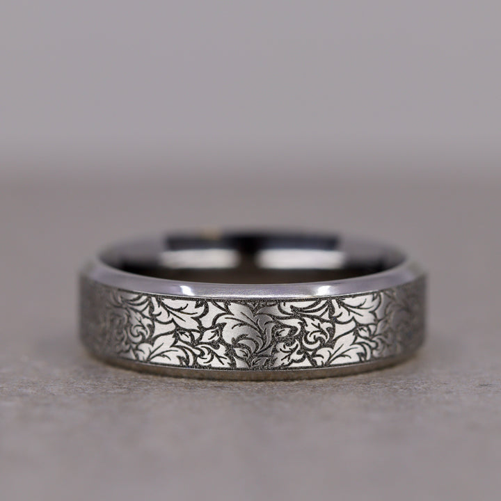 Titanium Floral Pattern Bevelled Edge Wedding Ring - The Wentworth Gardens - Made-to-Order Titanium Rings